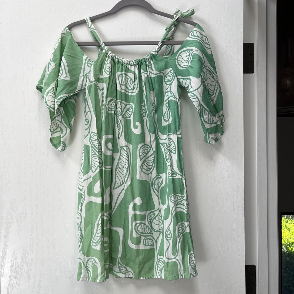 Manuheali’i green/white drop-shoulder mini dress - XS